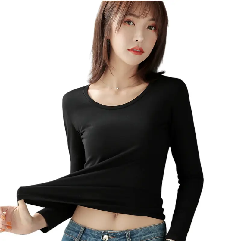 Women's Red Long Sleeve Cotton T-Shirt Round Neck Slim Fit - Image 18