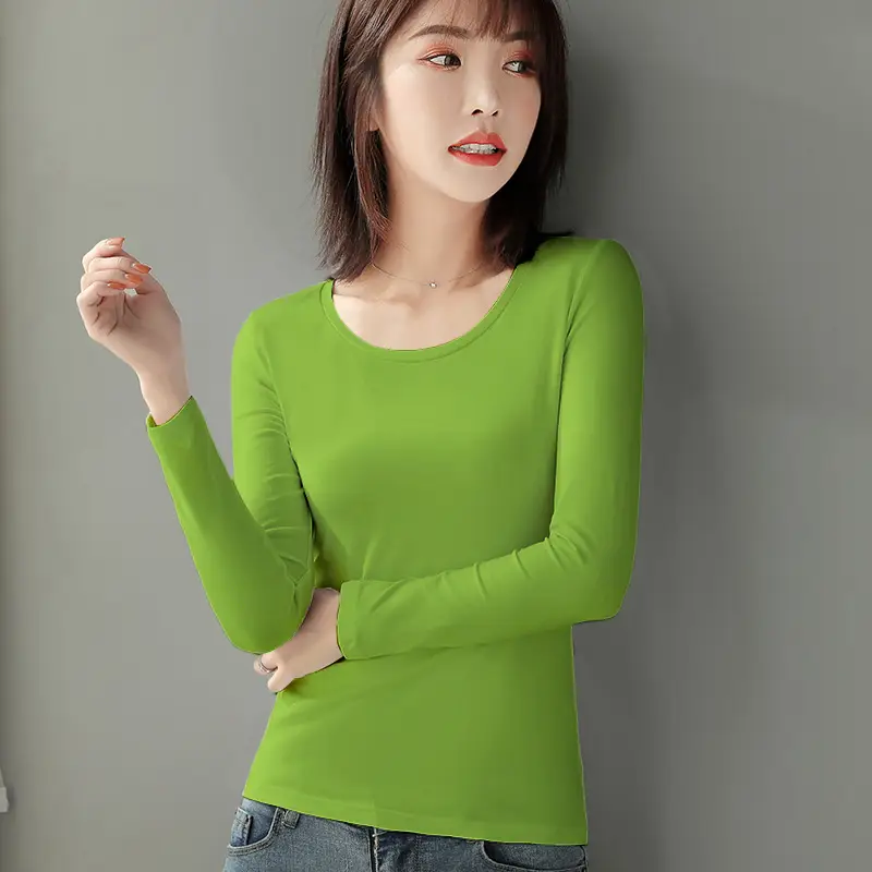 Women's Red Long Sleeve Cotton T-Shirt Round Neck Slim Fit - Image 13