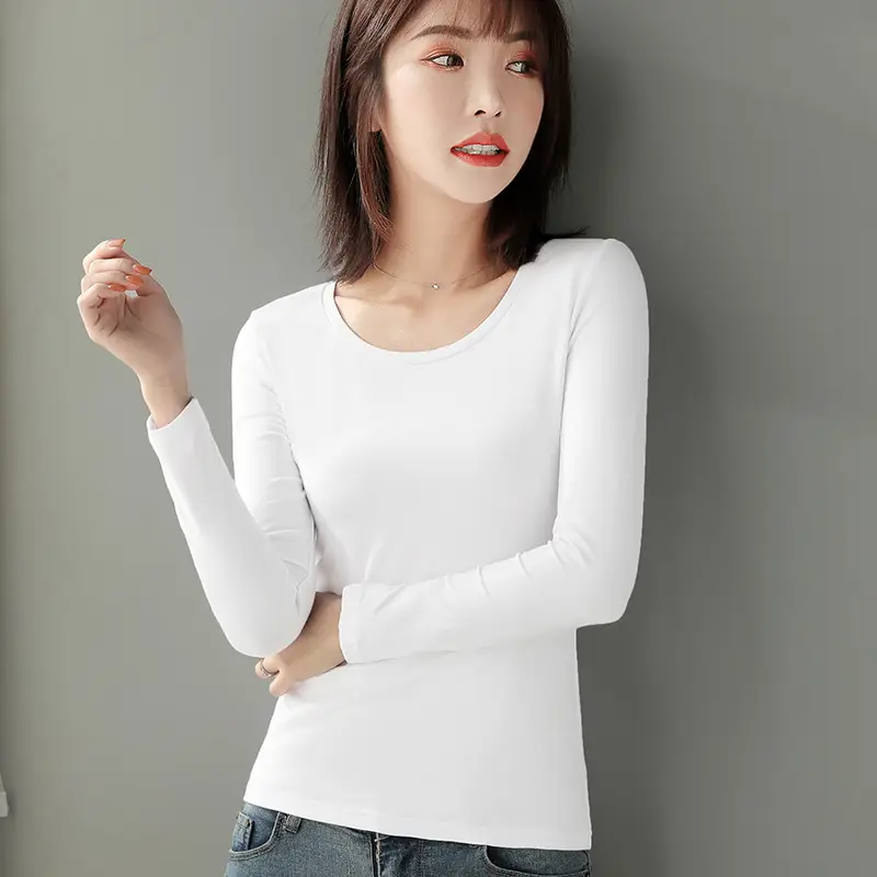 Women's Red Long Sleeve Cotton T-Shirt Round Neck Slim Fit - Image 2