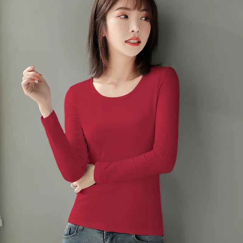 Women's Red Long Sleeve Cotton T-Shirt Round Neck Slim Fit - Image 6