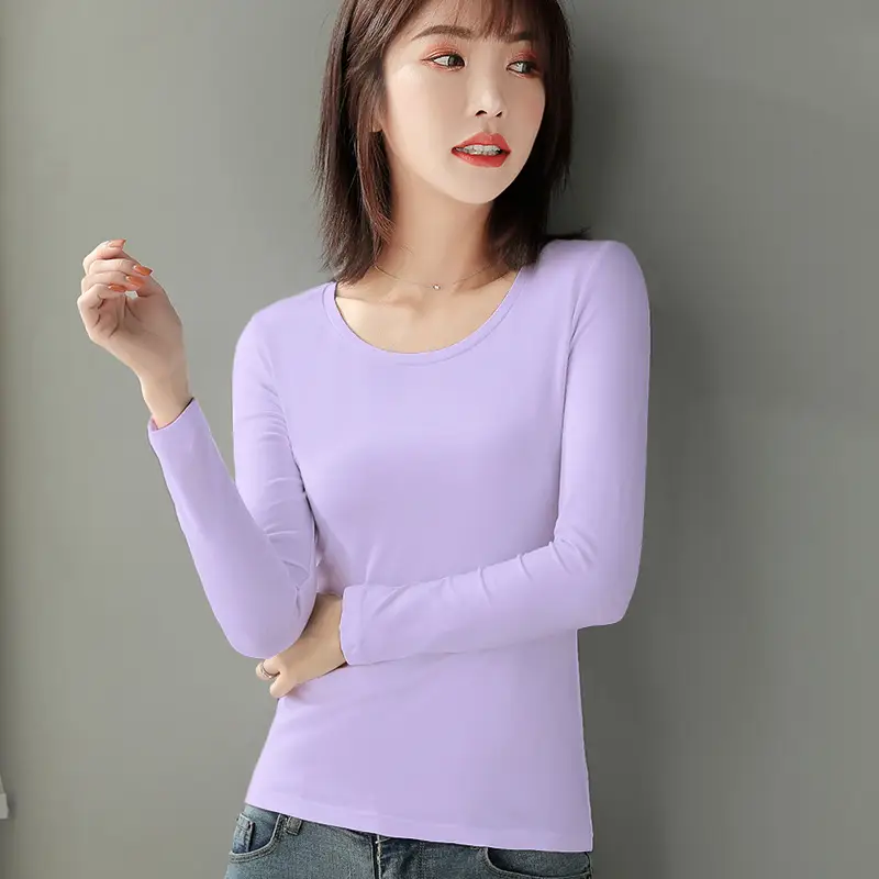 Women's Red Long Sleeve Cotton T-Shirt Round Neck Slim Fit - Image 9