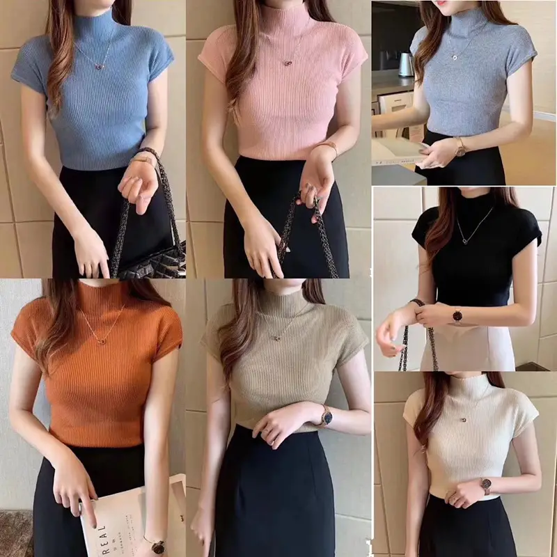 Women Knitted Half-Collar Shirt Spring Autumn Short Sleeve — feature 6