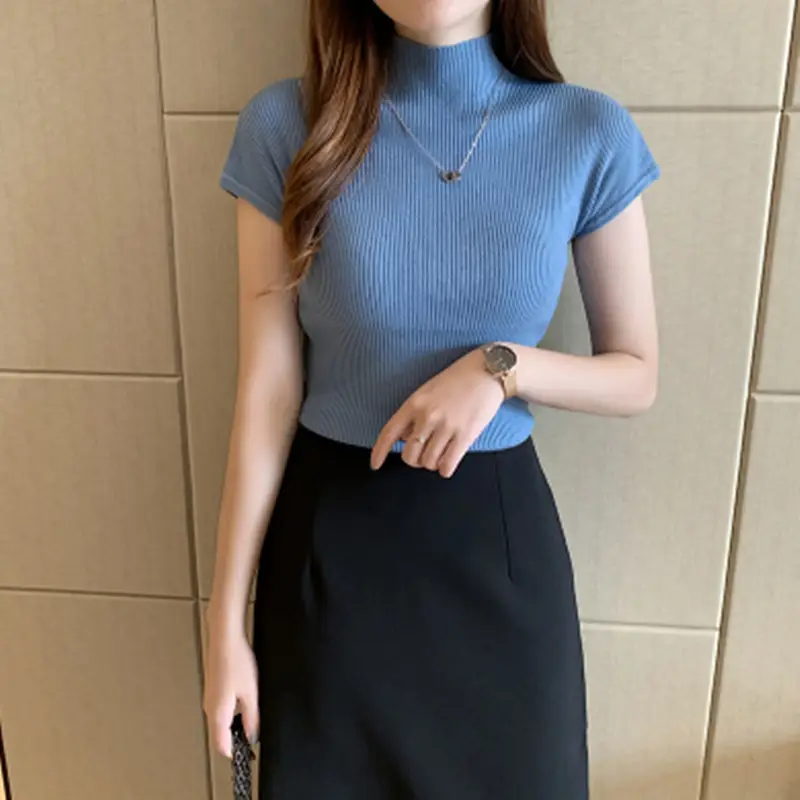 Women Knitted Half-Collar Shirt Spring Autumn Short Sleeve — feature 7