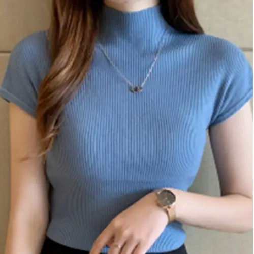 Women Knitted Half-Collar Shirt Spring Autumn Short Sleeve