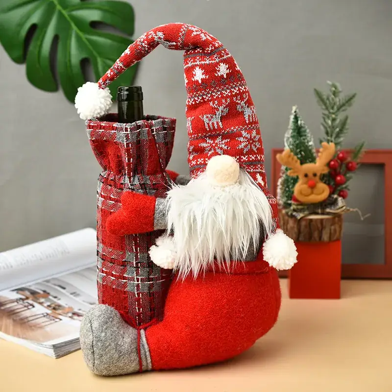 Santa Faceless Doll Wine Bottle Cover Red Plaid - Image 4