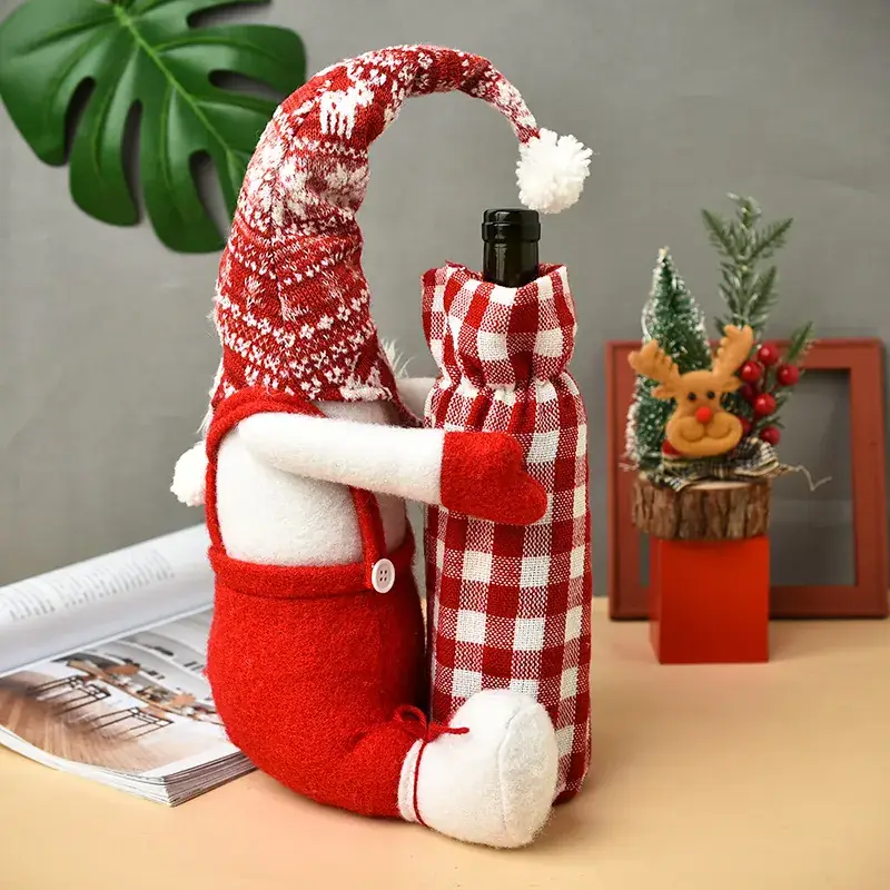 Santa Faceless Doll Wine Bottle Cover Red Plaid - Image 5