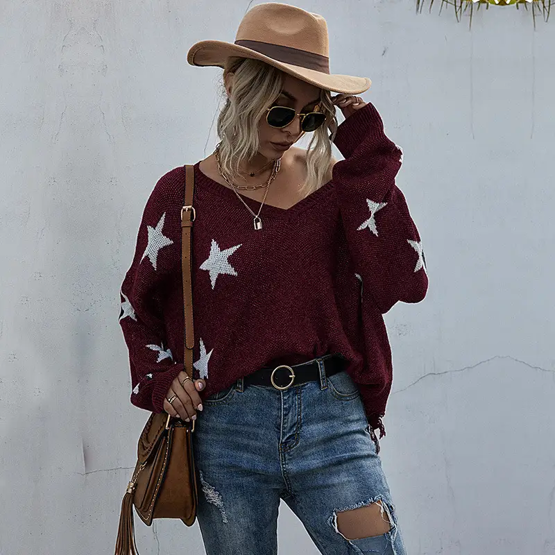 Women's Grey Star Tassel Knit Sweater V-Neck - Image 6