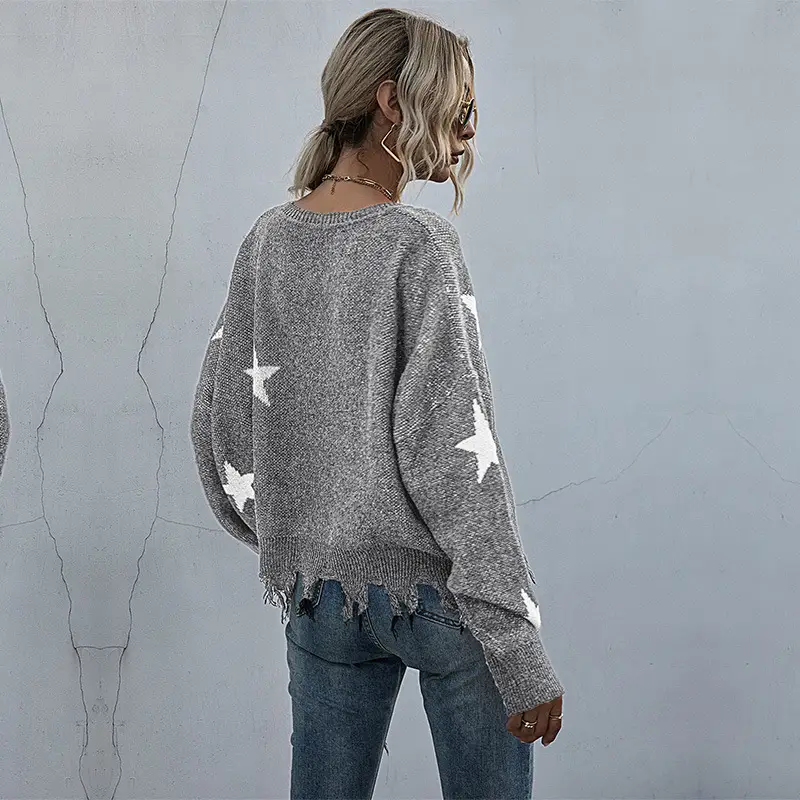 Women's Grey Star Tassel Knit Sweater V-Neck - Image 7