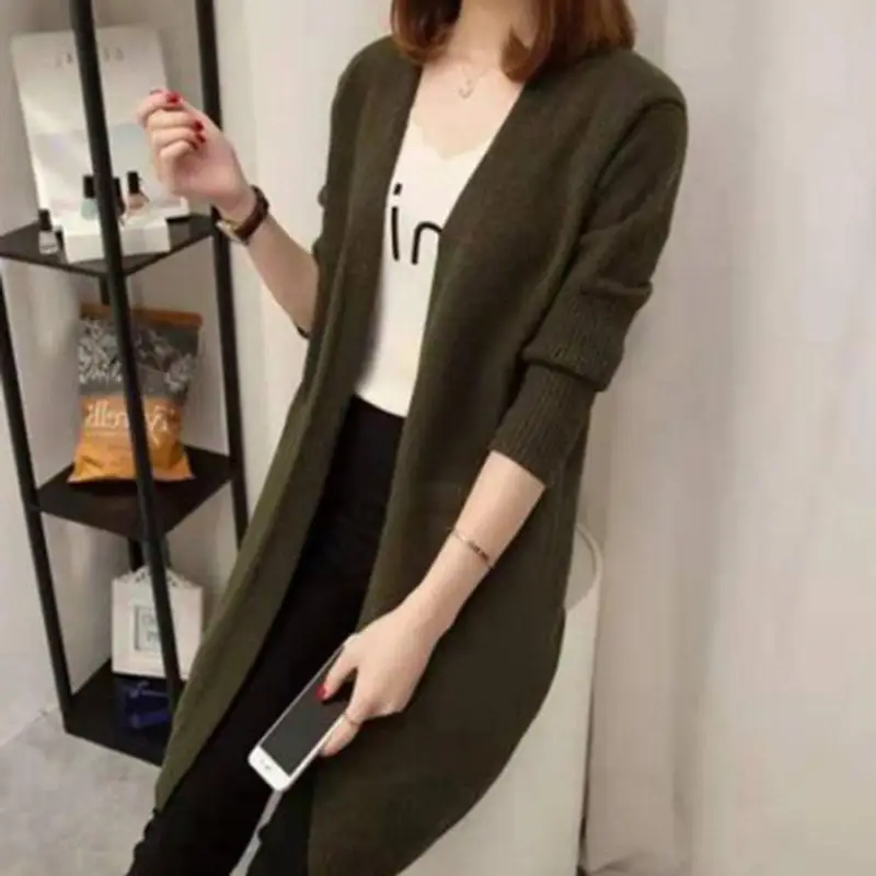 Women Loose Knit Cardigan Mid-Length Long Sleeve Shawl