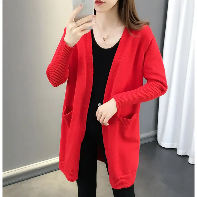 Women Loose Knit Cardigan Mid-Length Long Sleeve Shawl