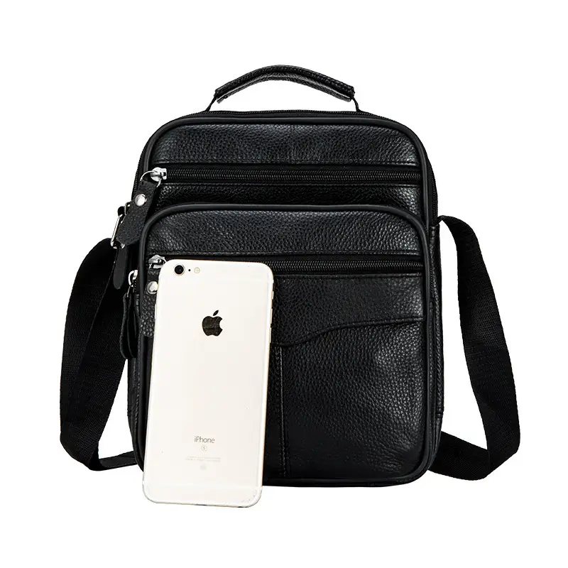 Men's Black Pure Leather Crossbody Bag Vertical Zip - Image 4