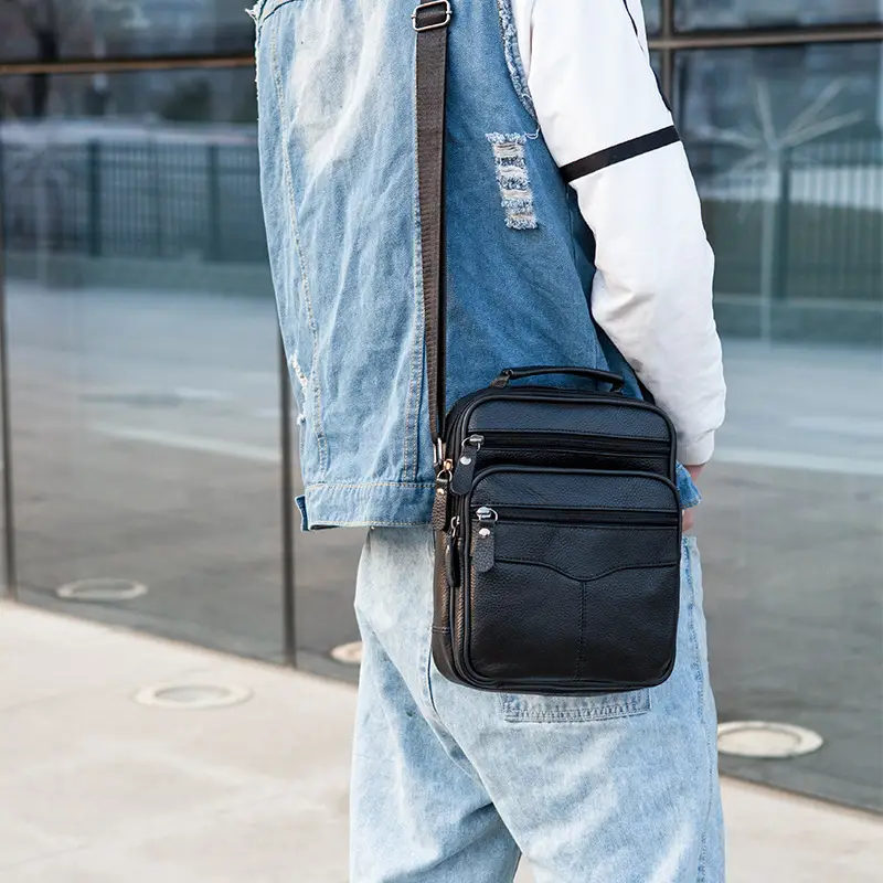 Men's Black Pure Leather Crossbody Bag Vertical Zip - Image 5