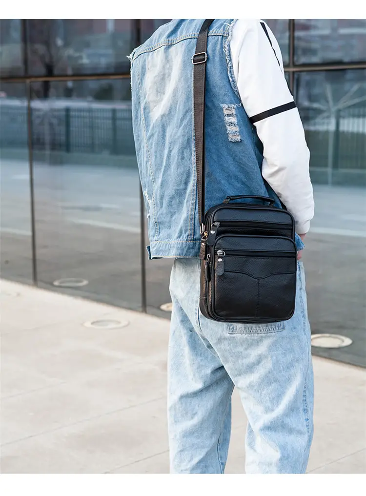 Men's Black Pure Leather Crossbody Bag Vertical Zip — feature 22
