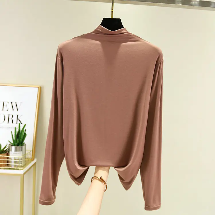 Women's New Modal Collar T-Shirt Brown Large - Image 12