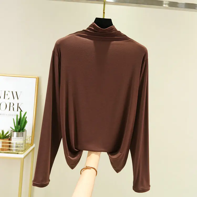 Women's New Modal Collar T-Shirt Brown Large - Image 7