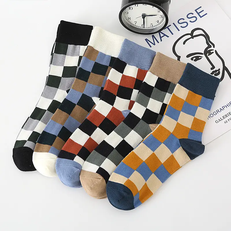 Plaid Socks Men's Mid-length Socks Colorful Autumn and Winter Cotton Ins Trendy Korean-style College-style Japanese-style Stockings