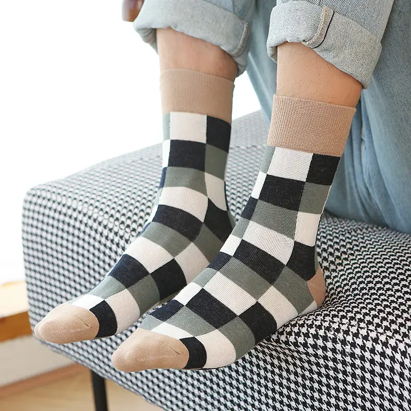 Plaid Socks Men's Mid-length Socks Colorful Autumn and Winter Cotton Ins Trendy Korean-style College-style Japanese-style Stockings