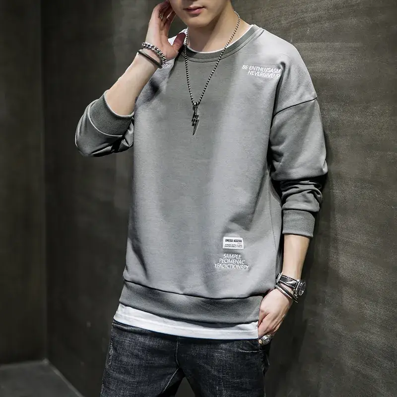 Men Korean Style Black Sweatshirt Loose Fit Round Neck