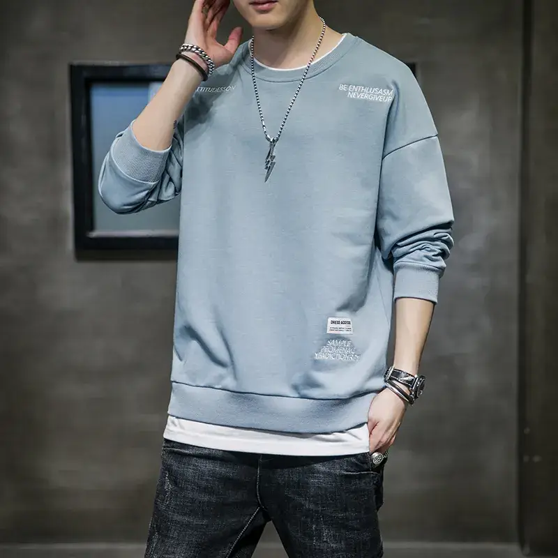 Men Korean Style Black Sweatshirt Loose Fit Round Neck