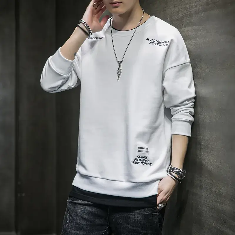 Men Korean Style Black Sweatshirt Loose Fit Round Neck