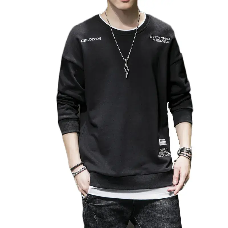 Men Korean Style Black Sweatshirt Loose Fit Round Neck