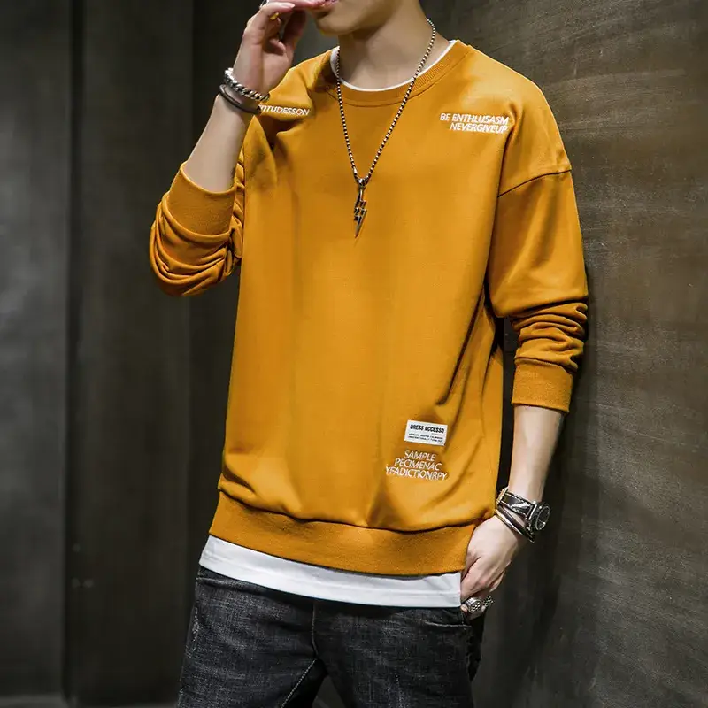 Men Korean Style Black Sweatshirt Loose Fit Round Neck