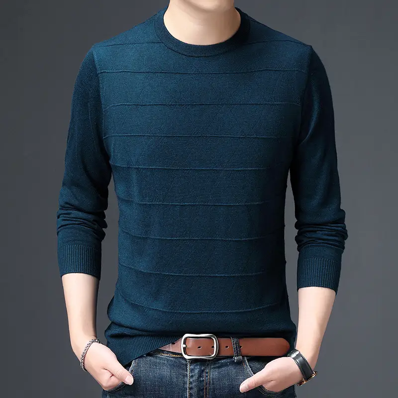 Men's 2020 Round Neck Sweater Pullover Long Sleeve Dark Blue - Image 5