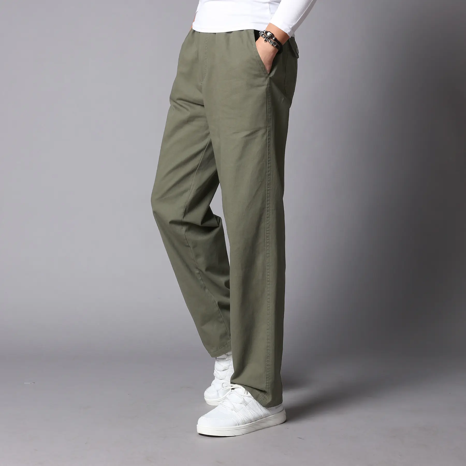Men's Army Green Cotton Casual Trousers Middle Size