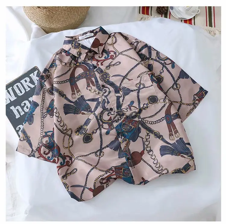Korean Retro Floral Short Sleeve Shirt Men Women