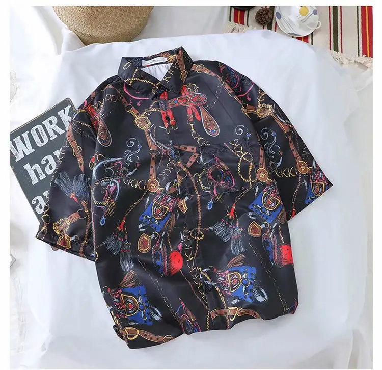 Korean Retro Floral Short Sleeve Shirt Men Women