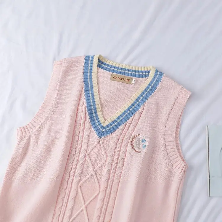 Japanese Style Soft Pink Embroidered Sleeveless Sweater Vest - Image 2