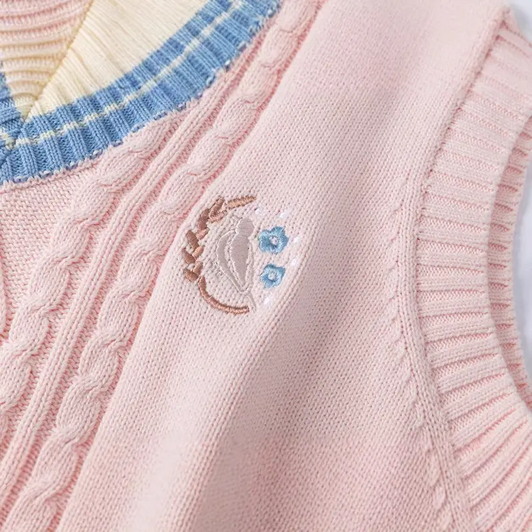 Japanese Style Soft Pink Embroidered Sleeveless Sweater Vest - Image 4