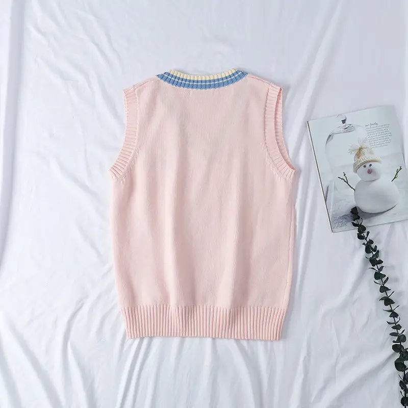 Japanese Style Soft Pink Embroidered Sleeveless Sweater Vest - Image 5