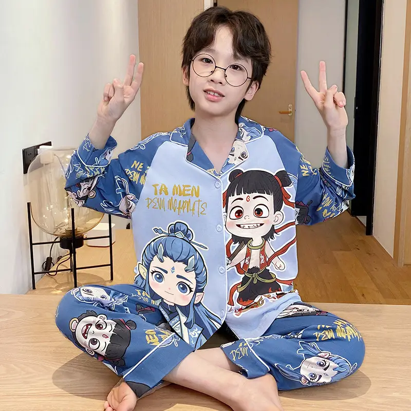 Children's Cartoon Pajamas Blue Pure Cotton Spring Autumn Boys - Image 22