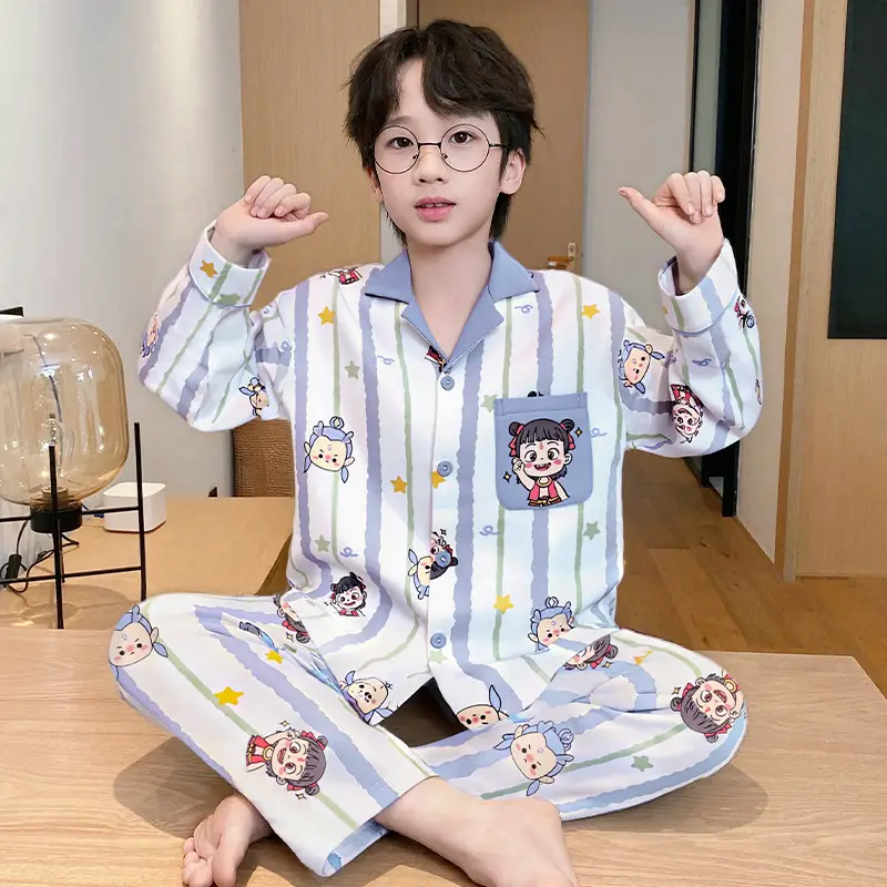 Children's Cartoon Pajamas Blue Pure Cotton Spring Autumn Boys - Image 11