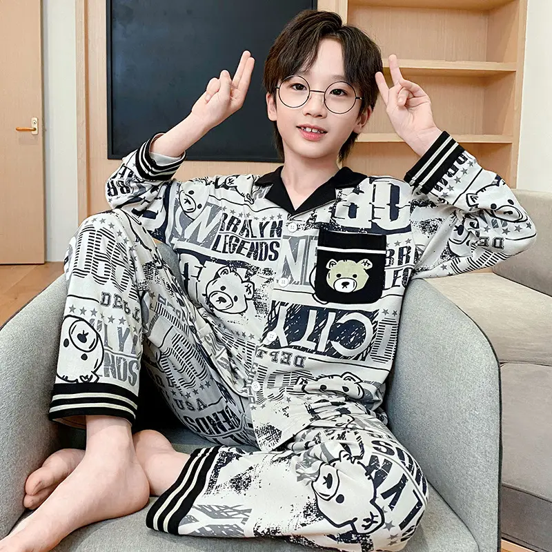Children's Cartoon Pajamas Blue Pure Cotton Spring Autumn Boys - Image 19