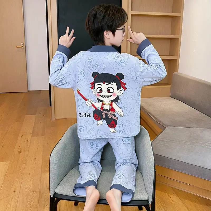 Children's Cartoon Pajamas Blue Pure Cotton Spring Autumn Boys - Image 2