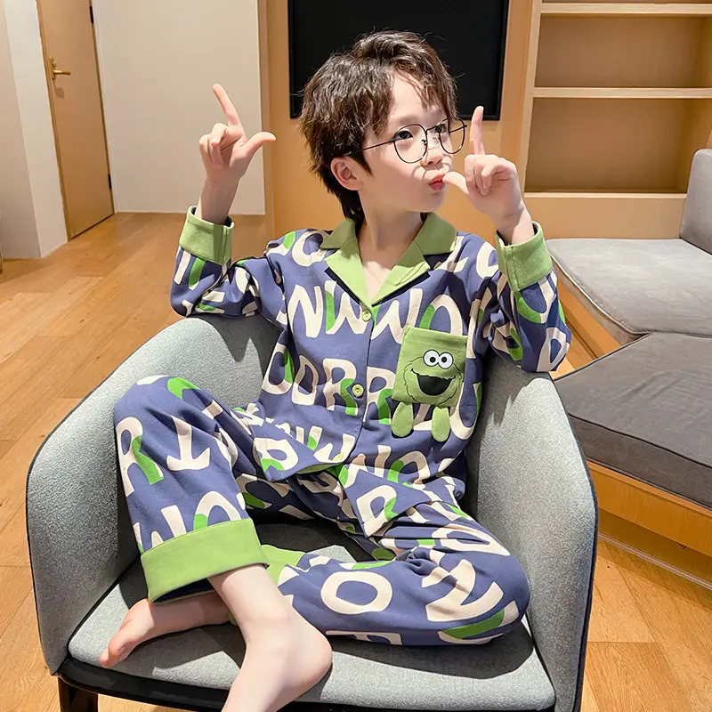 Children's Cartoon Pajamas Blue Pure Cotton Spring Autumn Boys - Image 21