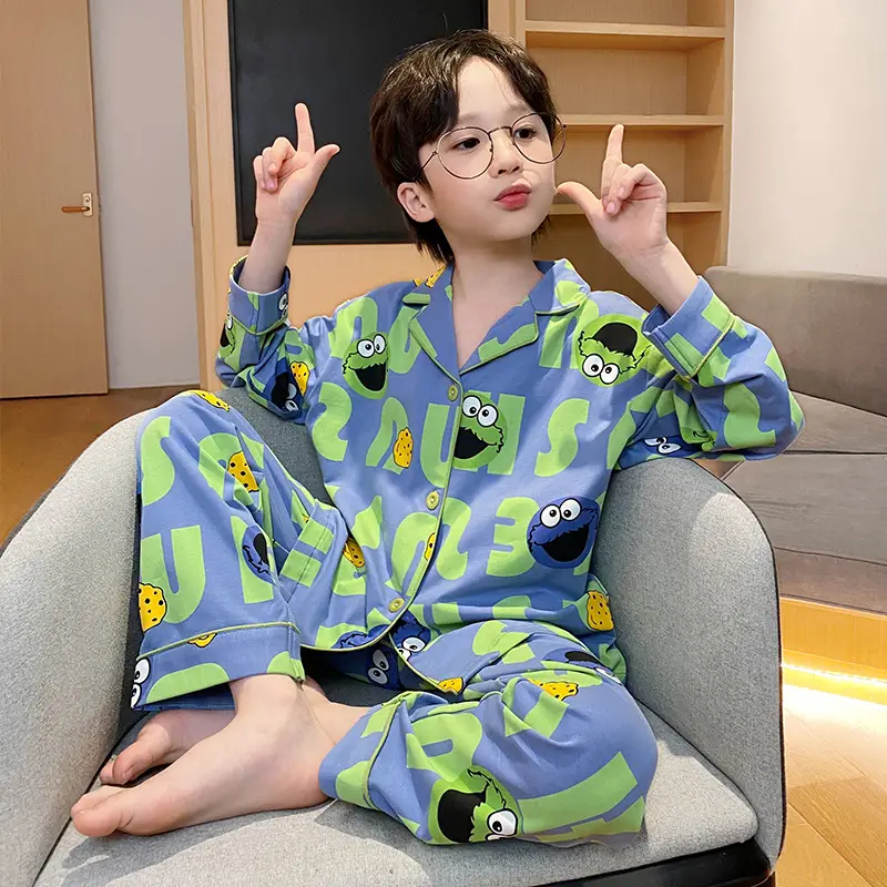 Children's Cartoon Pajamas Blue Pure Cotton Spring Autumn Boys - Image 3