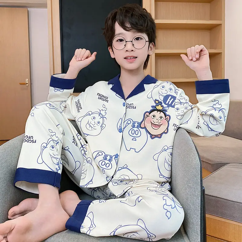 Children's Cartoon Pajamas Blue Pure Cotton Spring Autumn Boys - Image 6