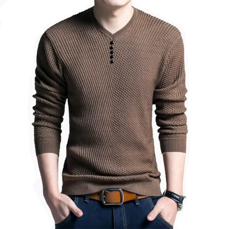 Men Wool V-Neck Sweater Navy Blue Long Sleeve - Image 12