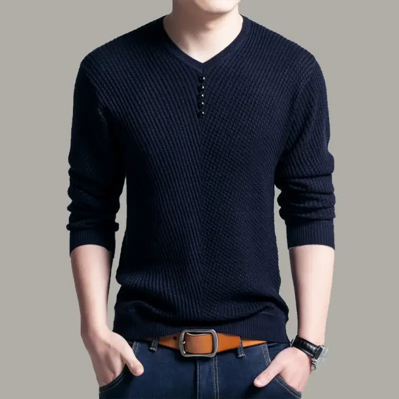 Men Wool V-Neck Sweater Navy Blue Long Sleeve - Image 18