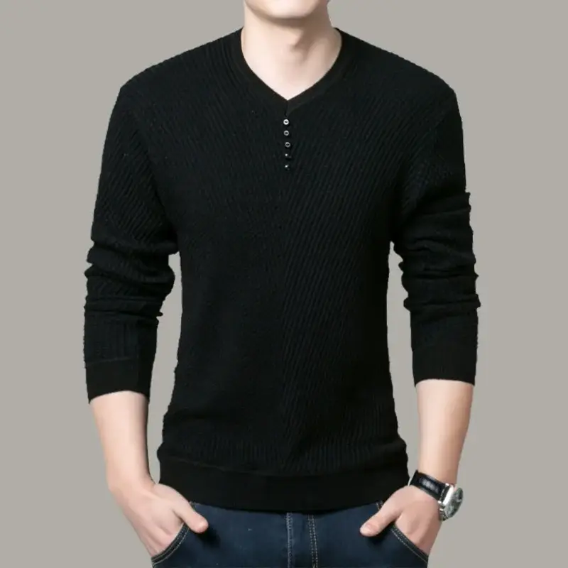 Men Wool V-Neck Sweater Navy Blue Long Sleeve - Image 9