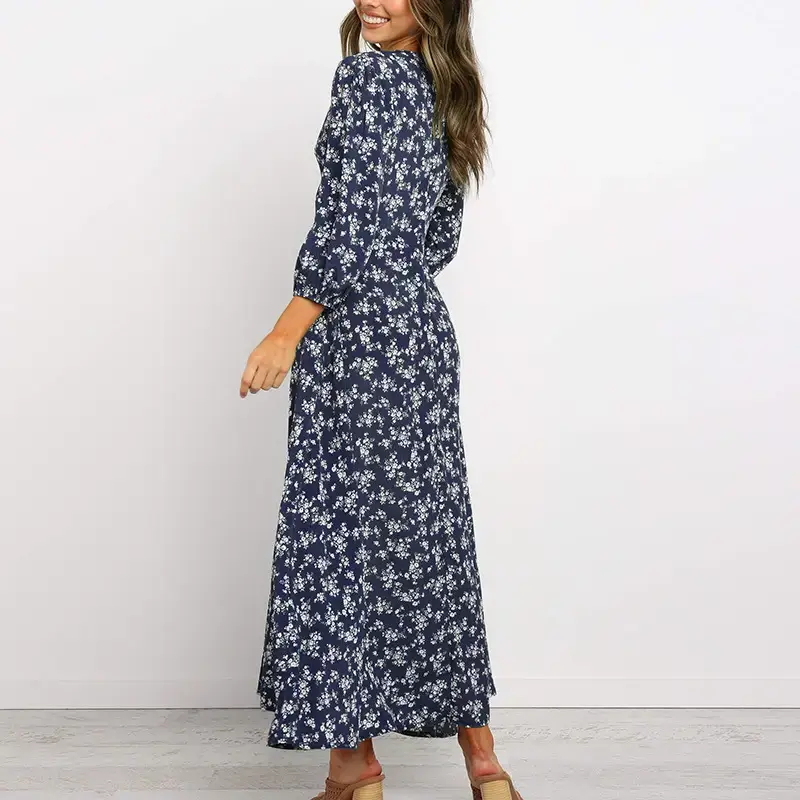 2024 Printed V Neck Chiffon Dress Women High Waist - Image 4