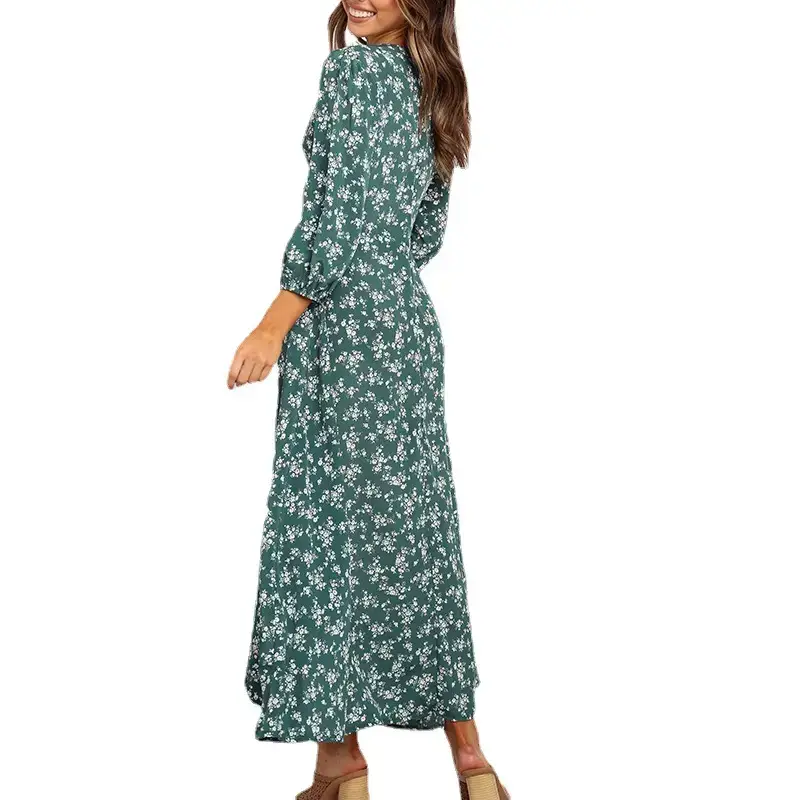 2024 Printed V Neck Chiffon Dress Women High Waist - Image 5