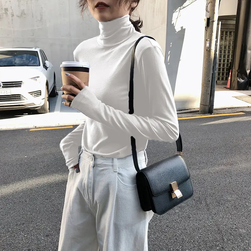 Women Knitted Turtleneck Shirt White Long Sleeve Winter Spring - Image 12