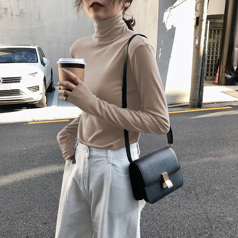 Women Knitted Turtleneck Shirt White Long Sleeve Winter Spring - Image 2