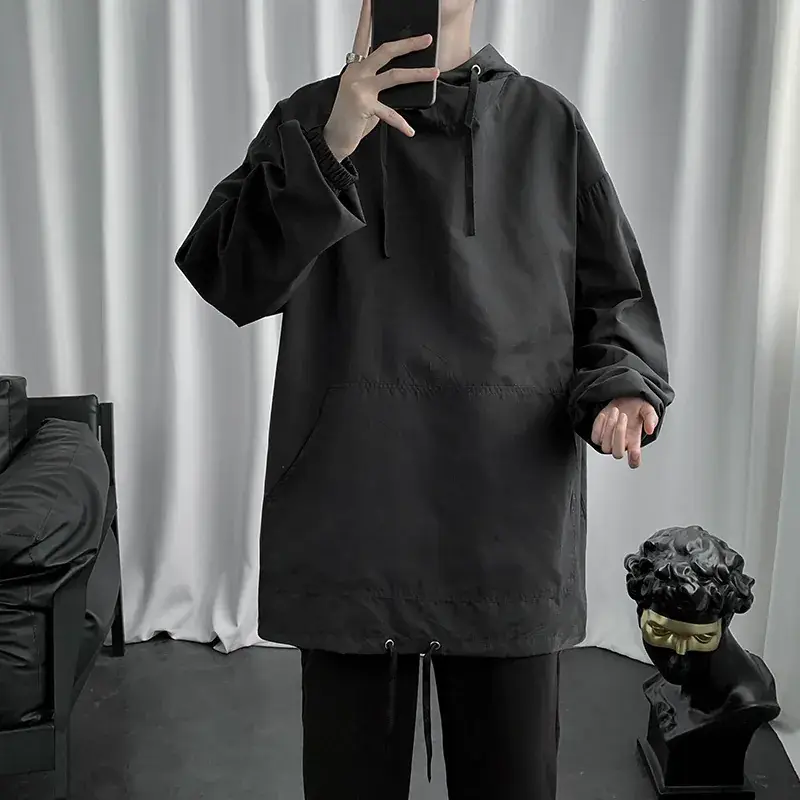 Men's Black Hooded Sweatshirt Spring Autumn Loose Fit