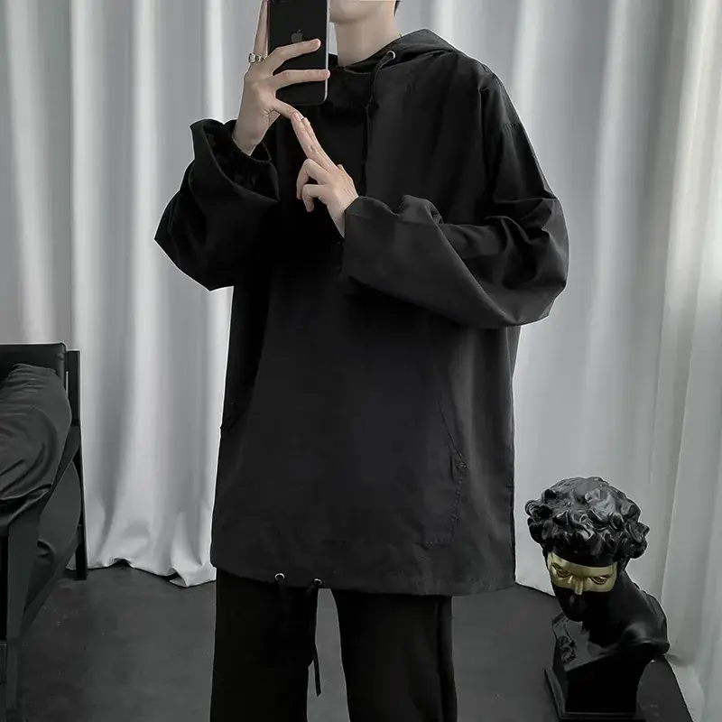 Men's Black Hooded Sweatshirt Spring Autumn Loose Fit