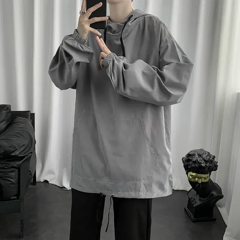 Men's Black Hooded Sweatshirt Spring Autumn Loose Fit